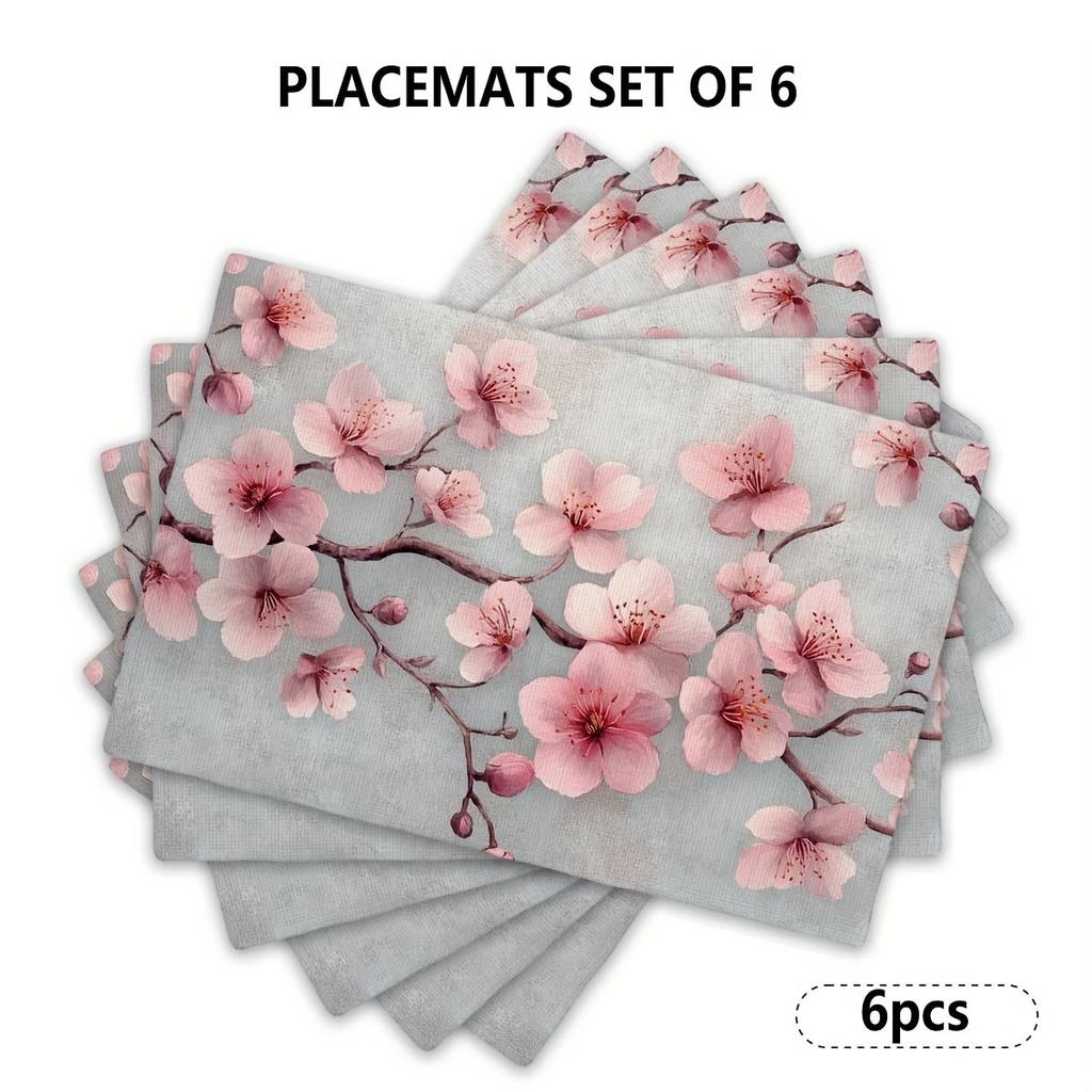 4/6pcs Retro Pink Cherry Blossoms Placemats Table Mats, 12x18in Heat-Resistant Table Place Mats, Decorative Washable Table Placemats