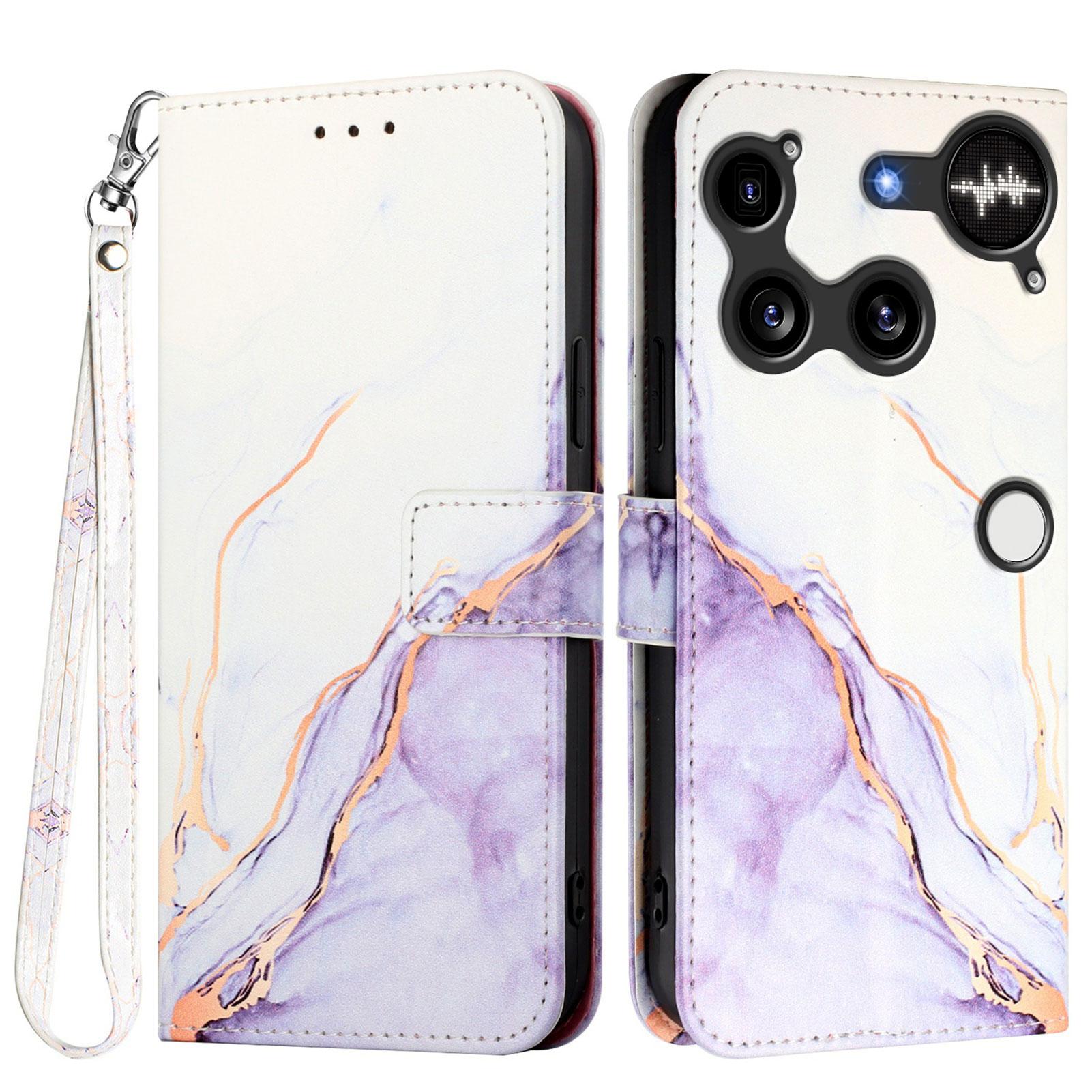 

For Nothing Phone (3) 5G Case with Strap Marble Pattern Leather Phone Cover Card Holder White Purple LS006