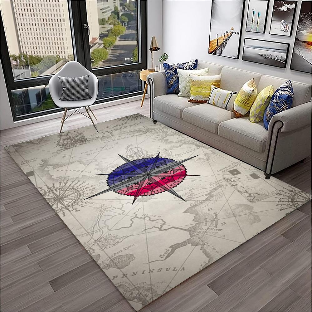 Retro Kompass Navigationskarte Teppich für Zuhause Wohnzimmer Schlafzimmer Sofa Fußmatte Dekor, Kinderspielbereich Teppich Rutschfeste Bodenmatte