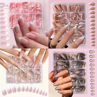 120/240/360Pcs/Box Glossy Soft Gel Pink French Nail Tips Medium Almond White Simple Press On Nails Huge Capacity False Nails