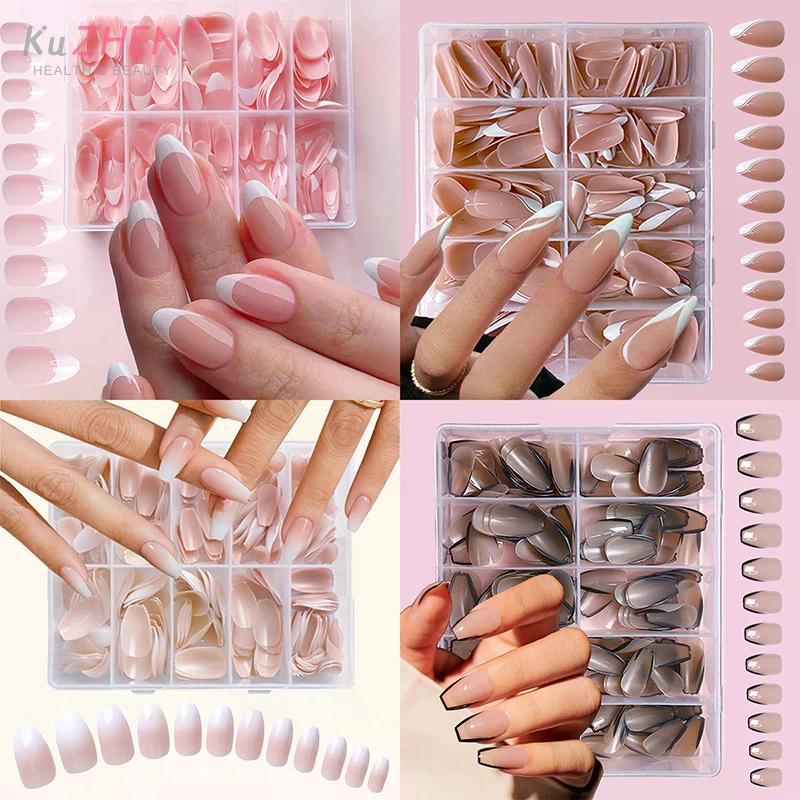 120/240/360Pcs/Box Glossy Soft Gel Pink French Nail Tips Medium Almond White Simple Press On Nails Huge Capacity False Nails