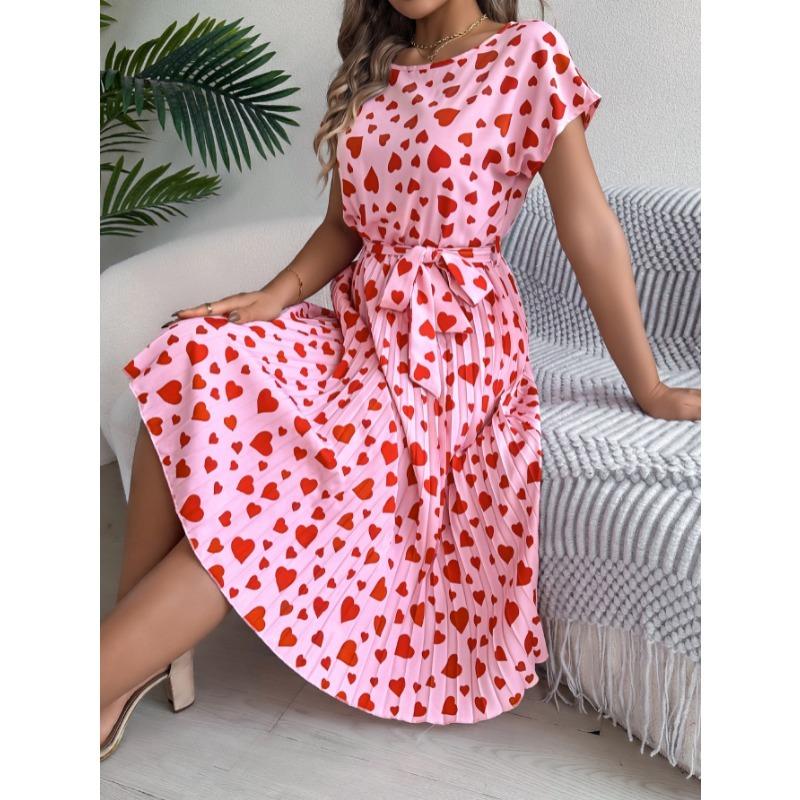 Spring Summer O Neck Printed Casual Short Sleeved Pleated Women Dress Loose Fashion Elegant A-line Party Lace-up Dresses Simple Women's Clothing