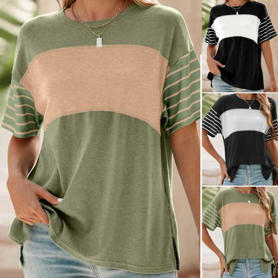 Women T-shirt Round Neck Short Sleeve Color Block Tee Shirt Loose Fit