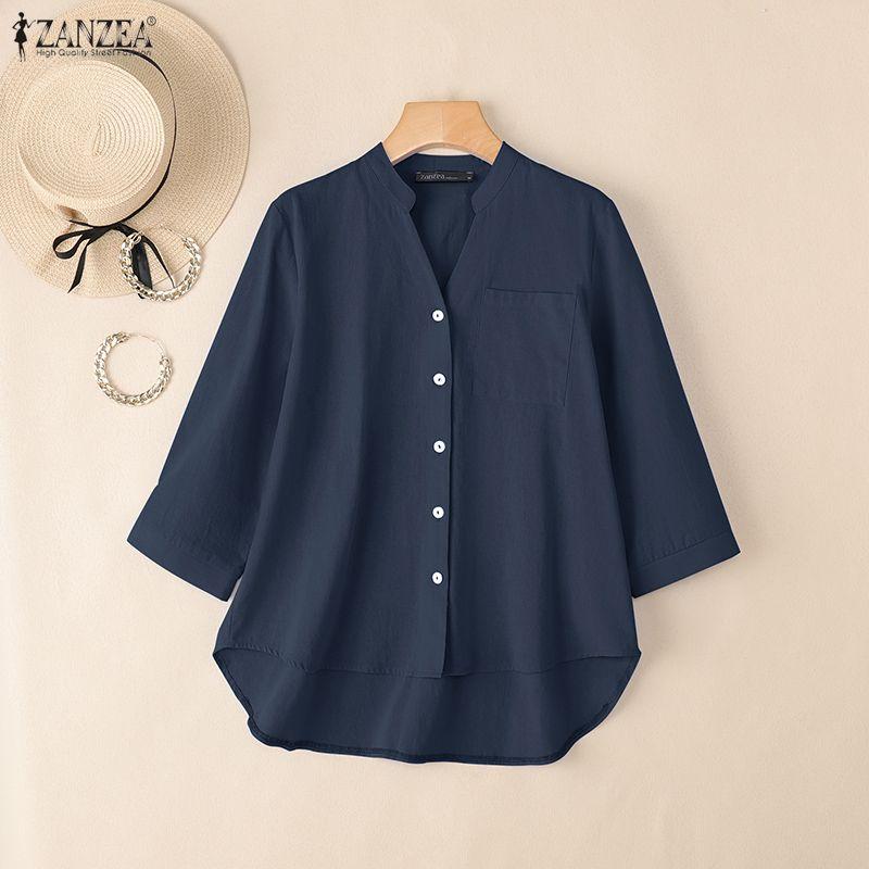 ZANZEA Women Casual V-Neck Solid Color Loose 3/4 Sleeve Cotton Blouse