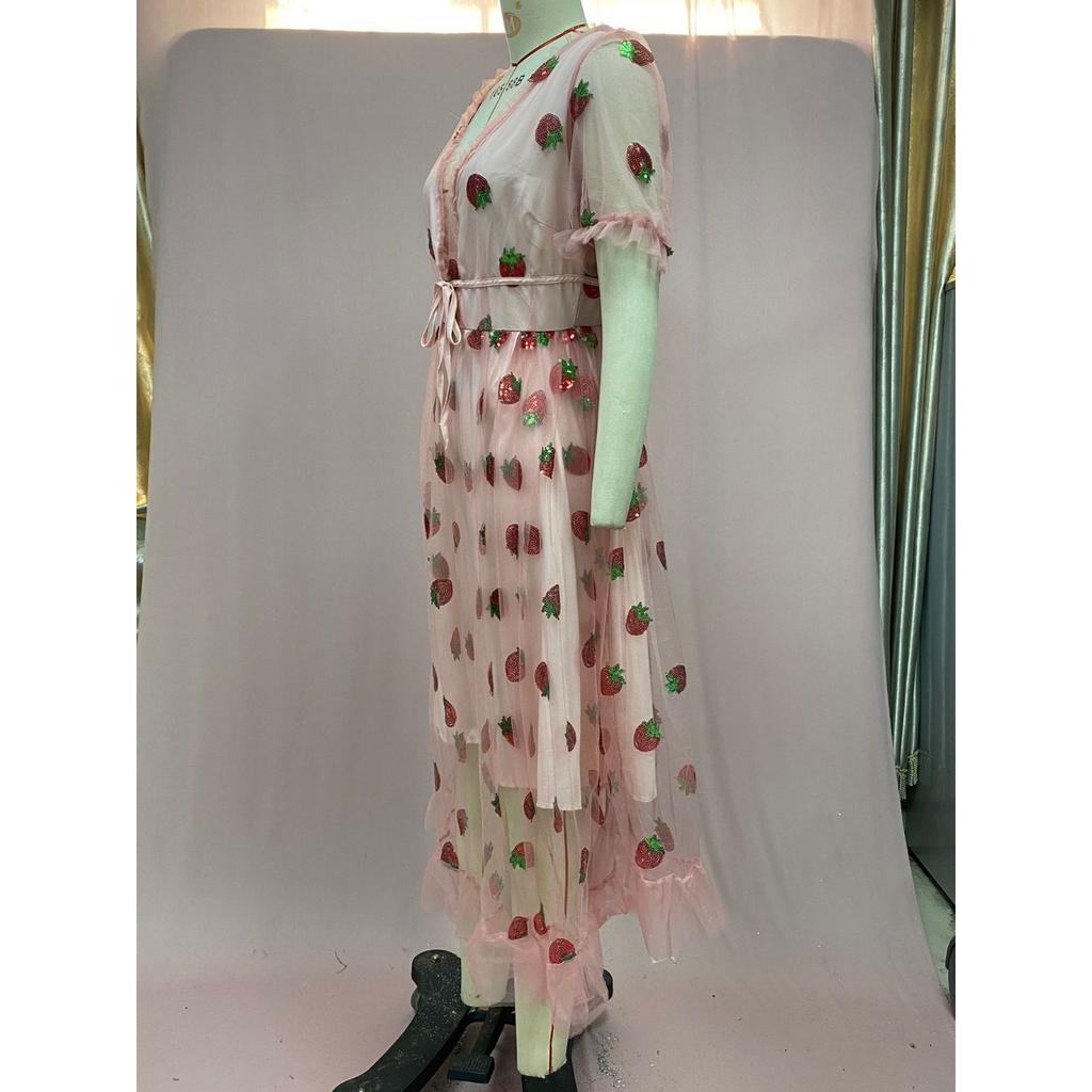 Damen Abendkleid mit Erdbeer-Pailletten-Verzierung, V-Ausschnitt Tüll Schnürung Langes Kleid, Elegantes Sexy A-Linien Ballkleid mit Fließendem Rock
