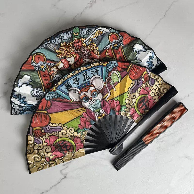 Chinese Style Folding Fan with Trendy Chinese Phrases, Traditional Fan for Students, Silk Cloth Plastic Folding Fan, Portable Summer Folding Fan