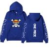 One Piece Straw Hat Jolly Roger Hoodie, Japanese Letter Sleeve Print Pullover Sweatshirt Unisex Casual Streetwear