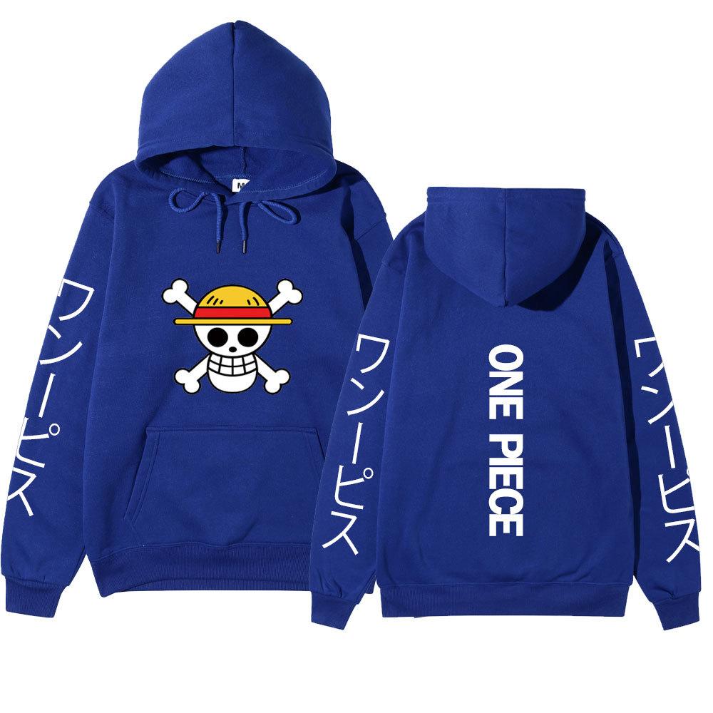 One Piece Straw Hat Jolly Roger Hoodie, Japanese Letter Sleeve Print Pullover Sweatshirt Unisex Casual Streetwear