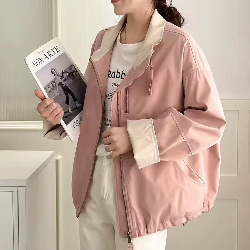 Women's Korean Style Loose Short Stand Collar Windbreaker Jacket for Spring and Autumn Color Block Double Zip Trendy Top