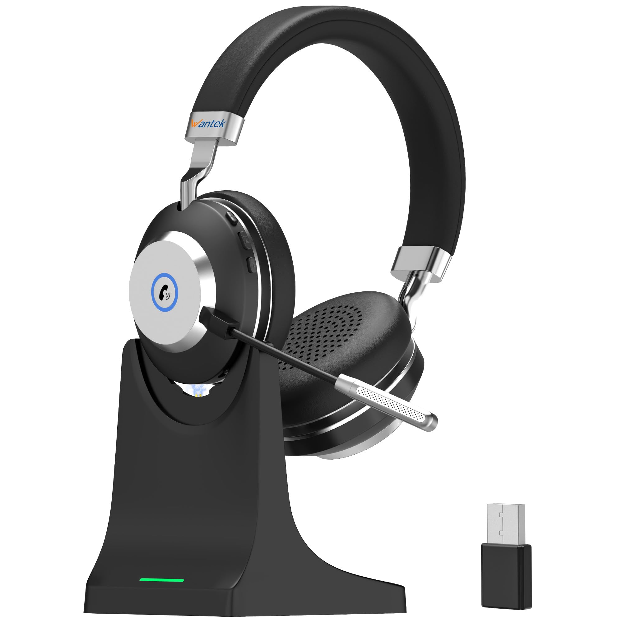 

Wantek Wireless Headset Bluetooth Headset with USB Volume Microphone Mute Noise Up to 50 Hours Talk Compatible with Bluetooth Headphones Dongle,