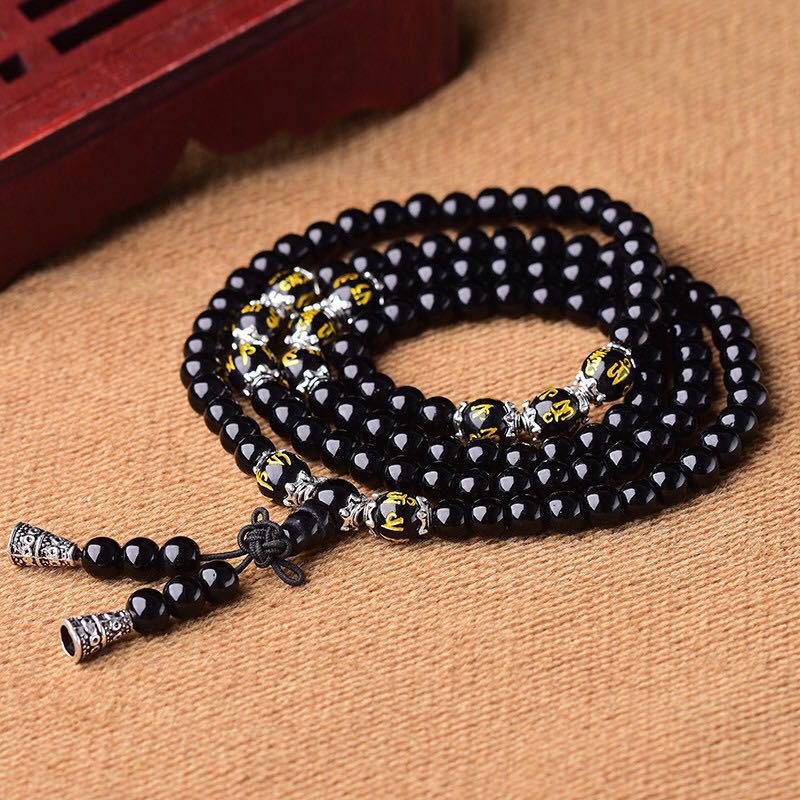 Lucky Gift 108 Mala Beads Six Words Mantra Obsidian Onyx Meditation Yoga Stone Bracelet Necklace Amulet Bracelet&Bangles Jewelry
