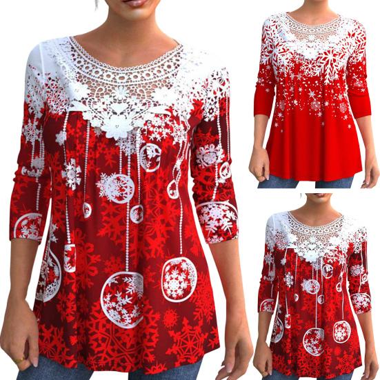 O-Neck Long Sleeves Lace Stitching Christmas Top Women Snowflake Theme 3D Printed Blouse Streetwear