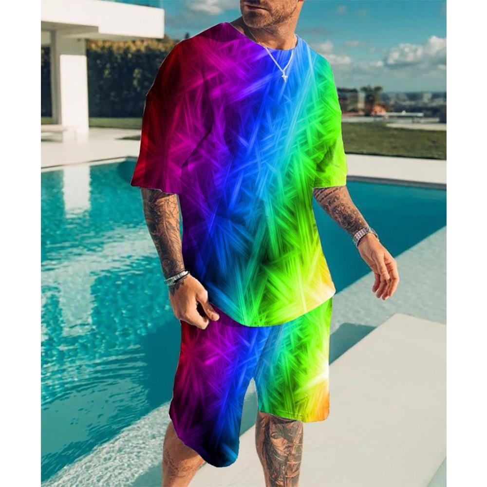 Summer Fashionable Men's Striped Style 3D Two-piece Set Street Casual Fashion Breathable Comfortable Sports Loose Large Size Sports Wear