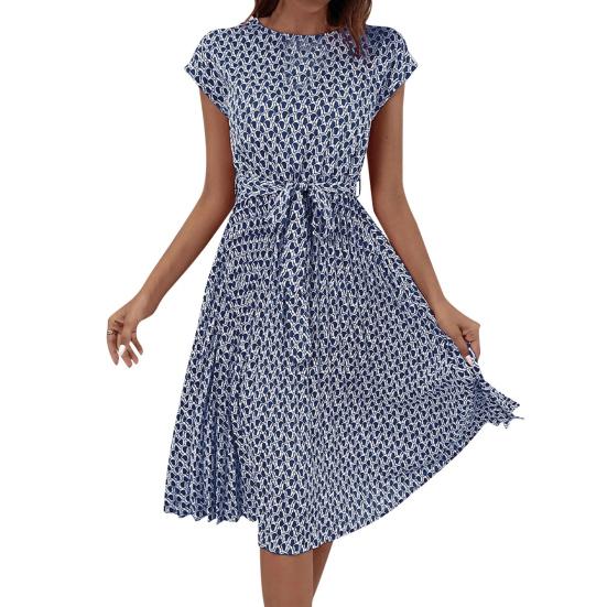 Women's Floral Printed Midi Dress Casual Crew Neck Short Sleeve Swing Dress with Belt Summer Beach Pleated Sundress