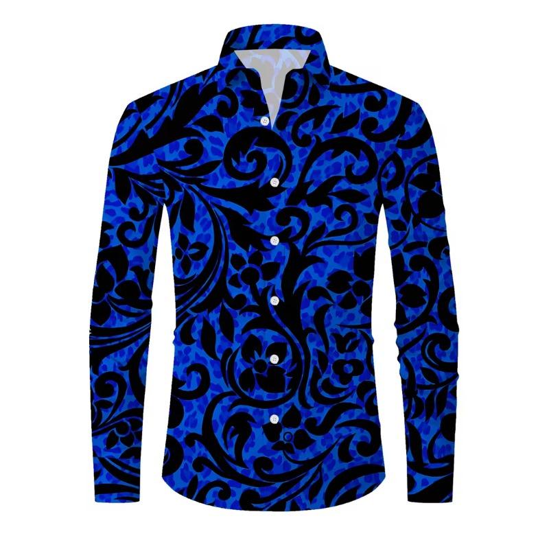 New Men's Long Sleeved Shirt with Casual Lines, Floral Retro Long Sleeved Shirt, Button Up Lapel Men's Shirt
