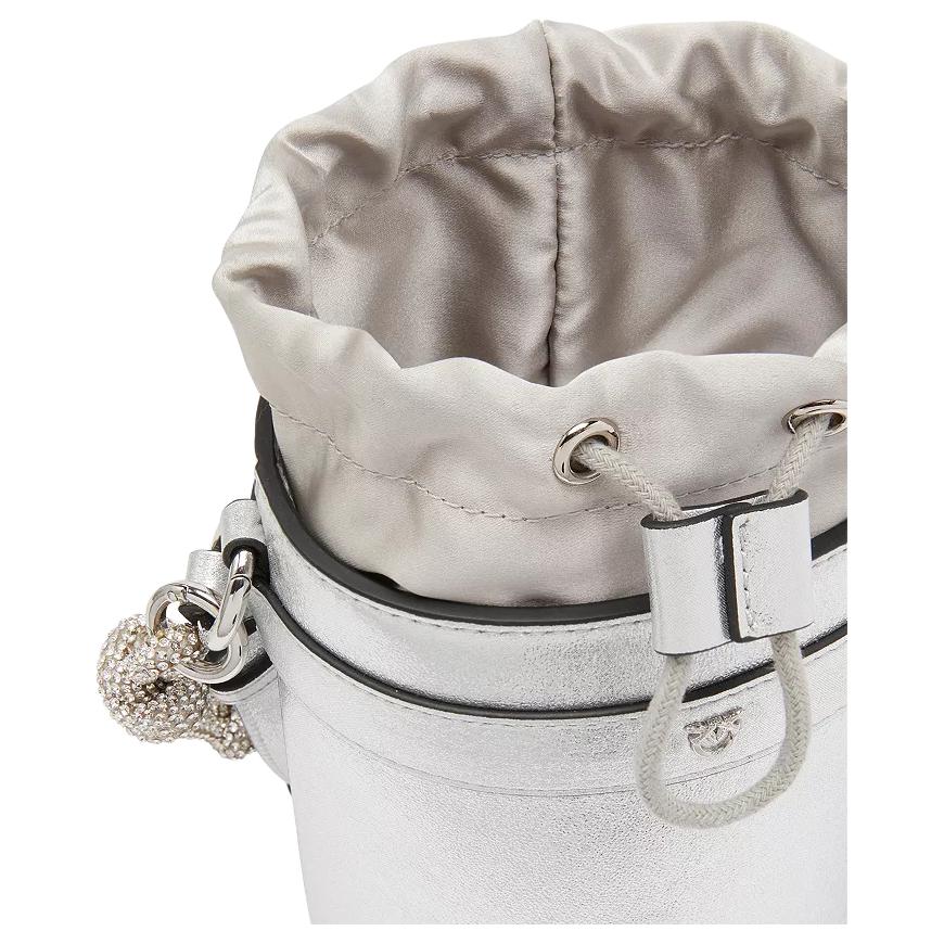 Pinko Logo Crystal Inlaid Woven Rope Commuter Casual Fashion Bucket Bag Women Handbags Silver 105910-A291-ZZFN