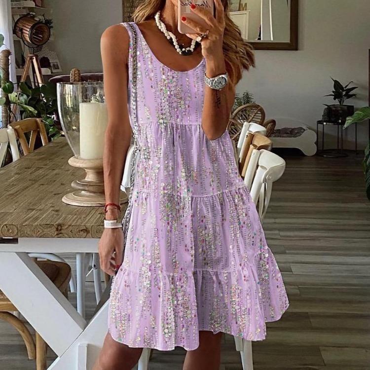 Floral Print Casual Dress Round Neck Sleeveless Mid Length Loose Spring Summer Fashion New