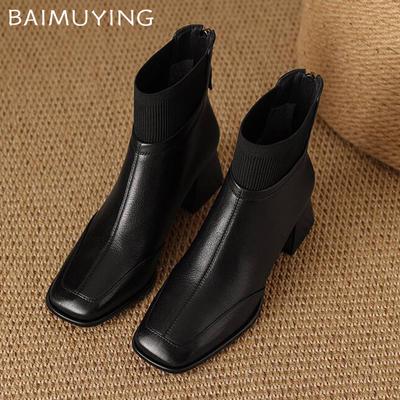 Lær Chunky Dame Ankelstøvletter Firkantet Tå Mote Mellomhæler Sko 2025 Trend Elegante Pumps Vinter Klassisk Goth Botas De Mujer
