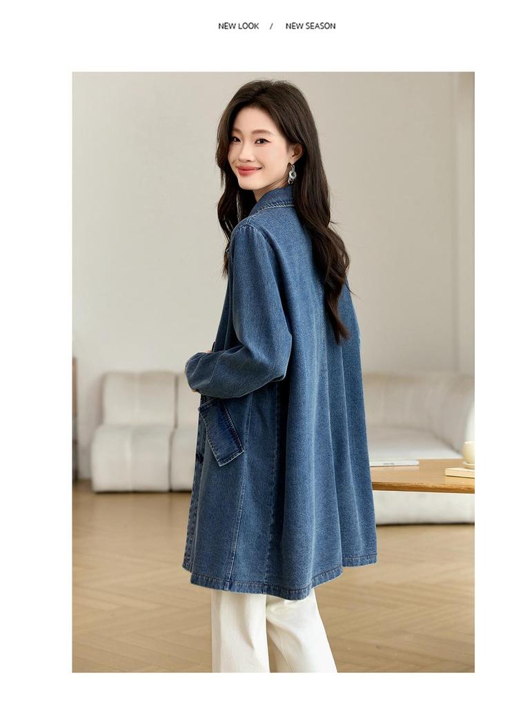 Women's Mid-Length Denim Trench Coat - 2025 Spring/Autumn Casual Korean Style, Slim-Fit, Loose Shirt Top