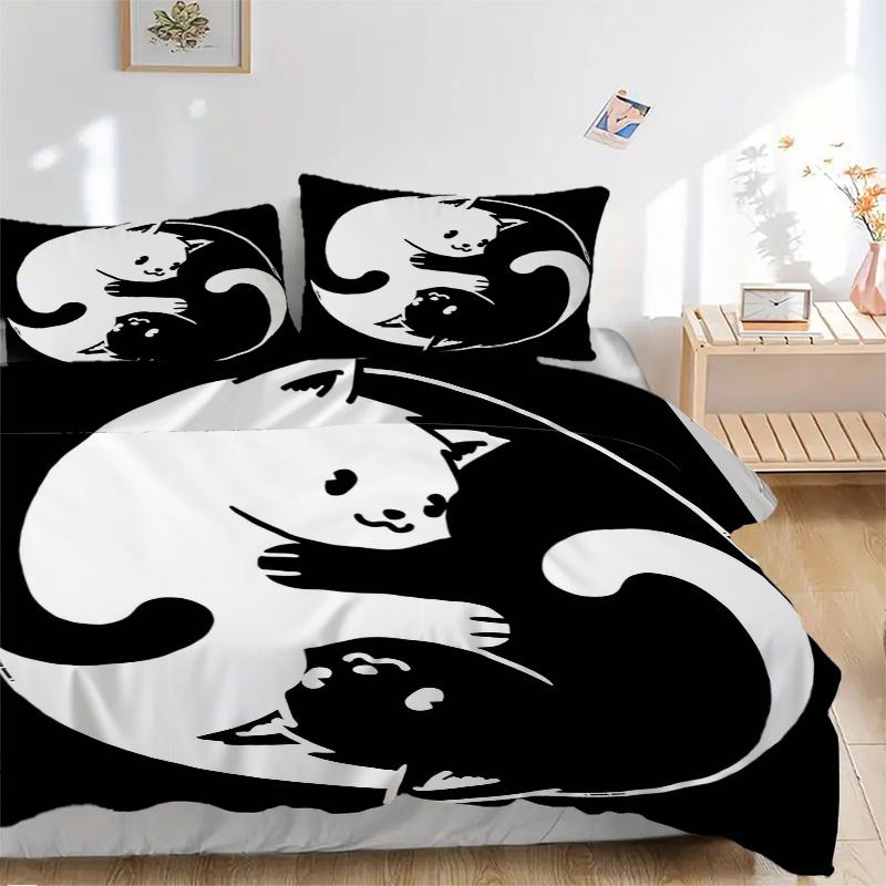 3-teiliges Yin und Yang Weißkatze und Schwarze Katze Bettbezug-Set - Weiche und Gemütliche Schlafzimmer-, Gästezimmer- und Wohnheim-Dekorative Bettwäsche 3-teiliges Set 1 Bettbezug
