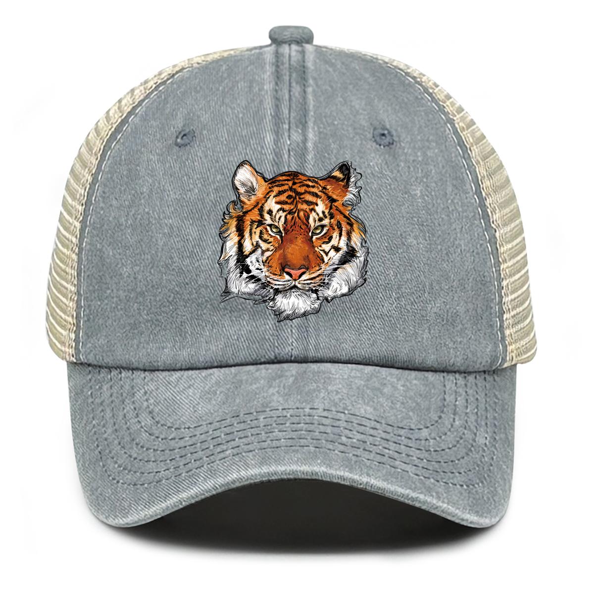 

High-definition Tiger Head Print Snapback Baseball Hat Dad Hat Unisex Solid Color Adjustable Mesh Cap Ideal Choice For Hiking сірий