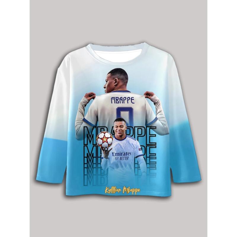 Spring and Autumn Round Neck 3D Football Star Kylian Mbappé Pattern Printed Top Fashionable Casual Long Sleeved Children's Boy T-shirts