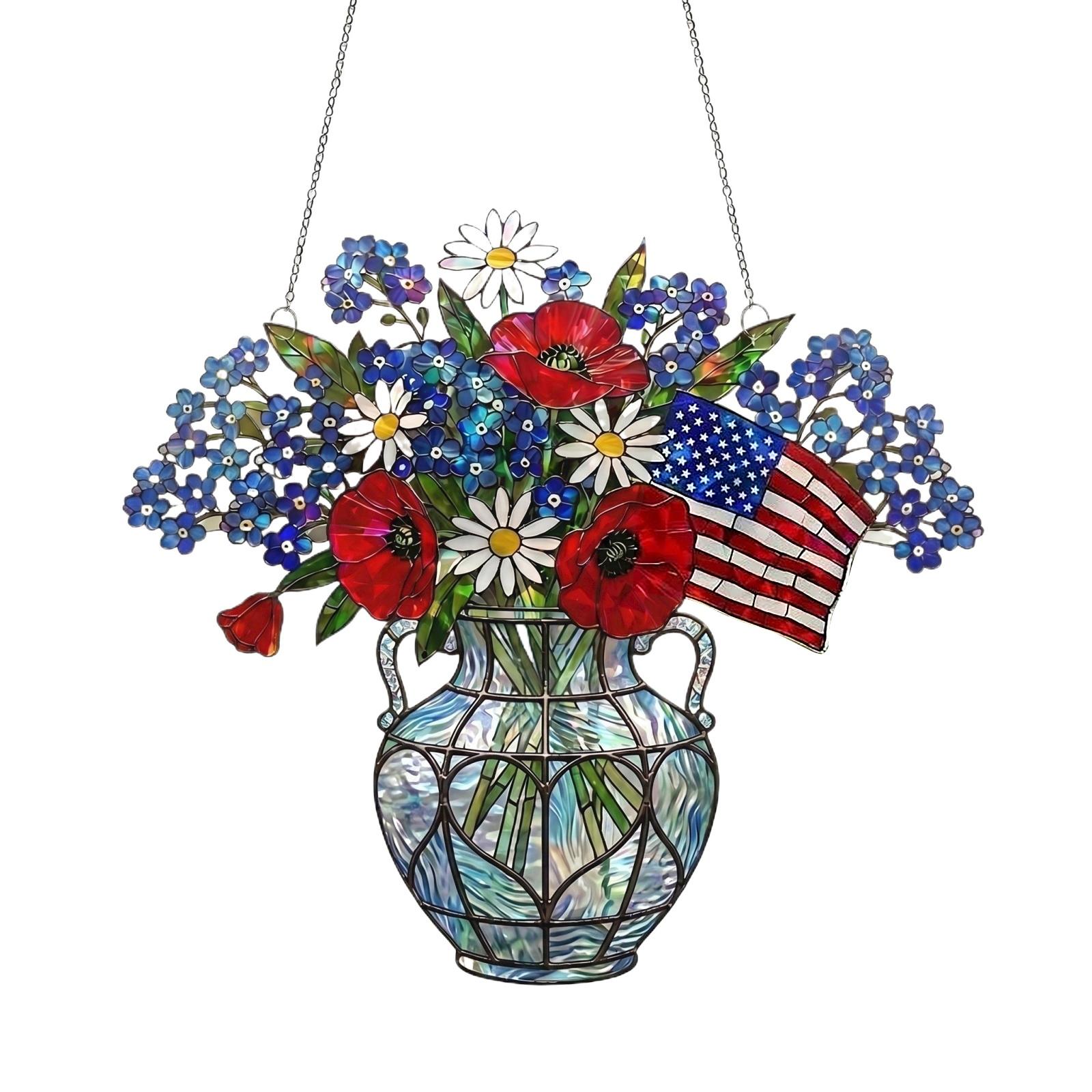 

American 0th Anniversary Stained Glass Acrylic Suncatcher, Patriotic Flower Vase Window Hanging Decor One Size