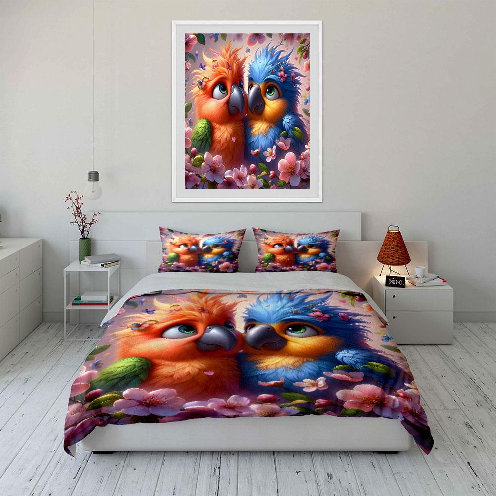 Cute Parrots With Cherry Blossoms Print Bedding Set 1 Duvet Cover 2 Pillowcases For Adult And Children Luxury Gift Full Size