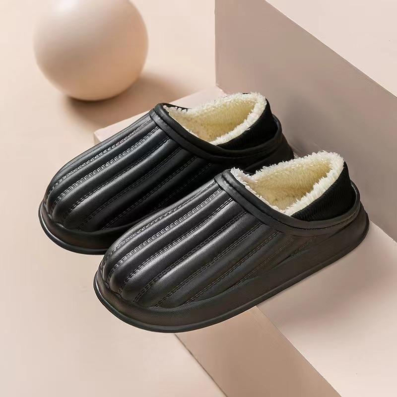 Waterproof plush cotton shoes for winter outdoor wear, warm thick-soled non-slip cotton slippers, indoor household couple one pedal