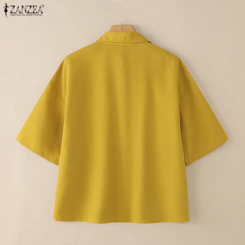 ZANZEA Damska casualowa luźna bluzka z krótkim rękawem, z kołnierzykiem i nadrukiem