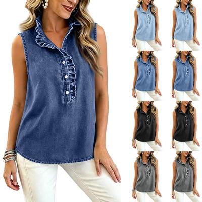 Ärmelloses Denim-Oberteil für Damen mit Spitzenbesatz Rüschenkragen Knopfleiste Lässige lockere Weste Bluse für den Alltag