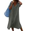 Women Casual Long Cotton V Neck Solid Color Simple Style Baggy Dress 1Pc