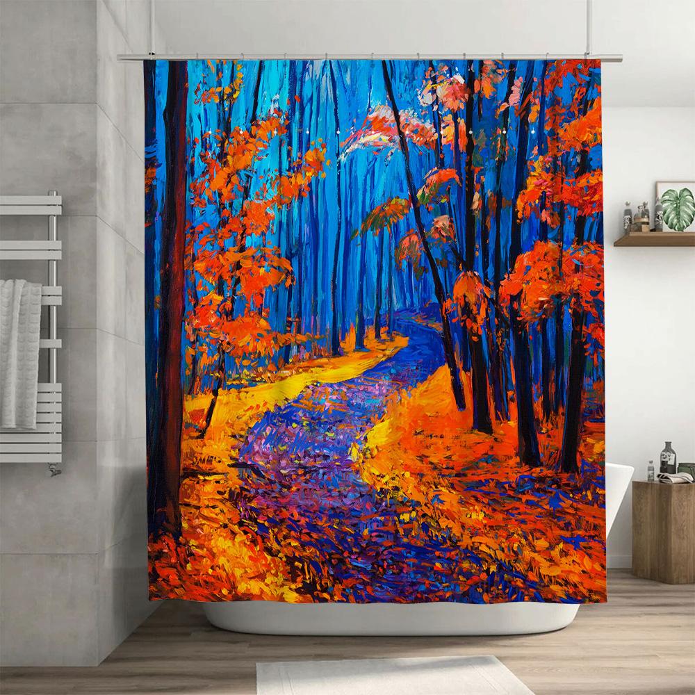 Vivid Autumn Forest Shower Curtain Waterproof Fabric with Soft Touch for Bathroom Decorations in Blue Orange Red Colorful Print