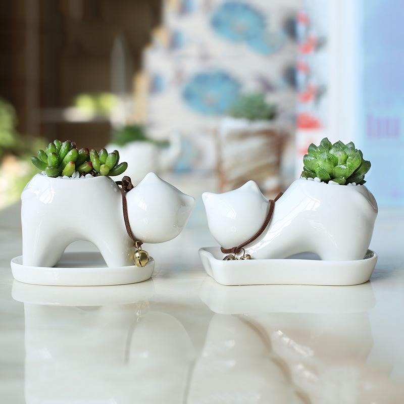 American Rural Creative White Ceramic Succulent Flower Pot, Home Decoration Mengmeng Cartoon Kitten Green Plant Potted Plant