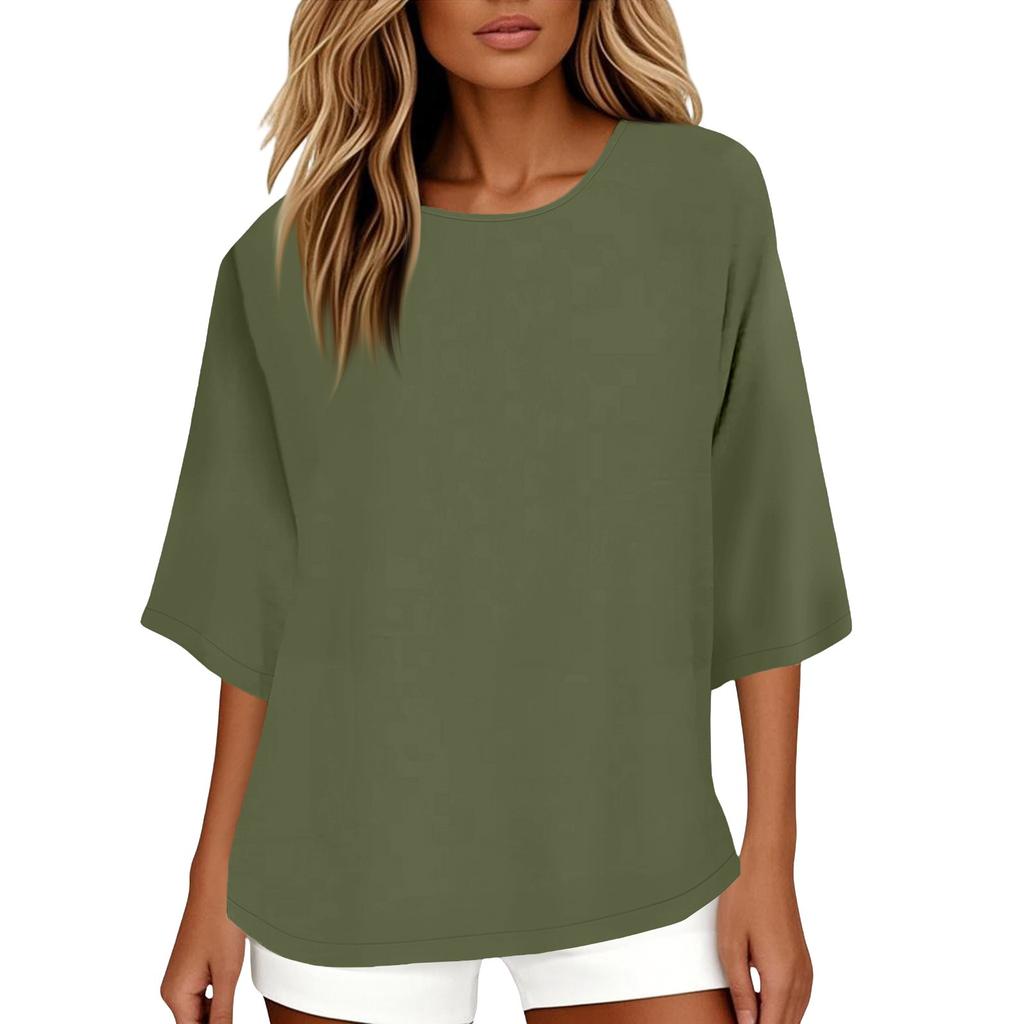 Women's Fashion Solid Color Casual T-Shirt Seven Sleeve Round Neck Cotton Top