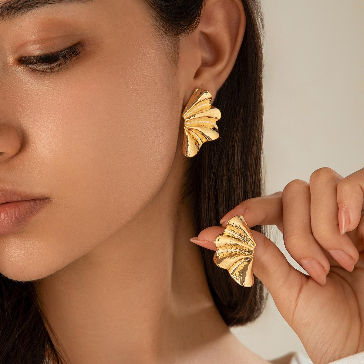 Ginkgo Leaf Gold Stud Earrings - Trendy European & American Punk Metal Style for Women