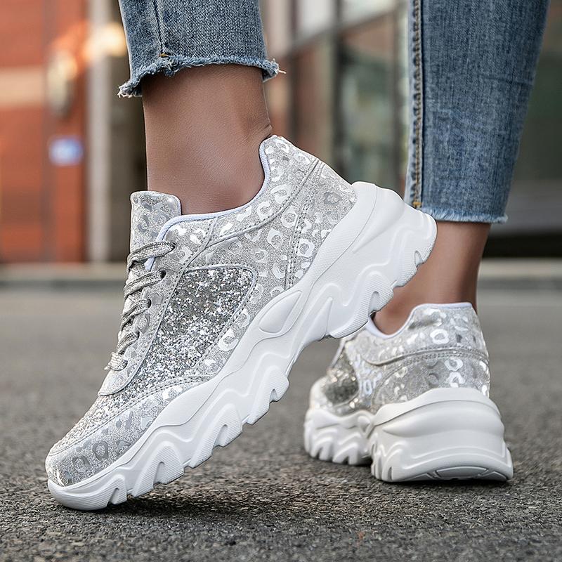 TUINANLE Comfortable Flat Heel Woman Silver Shoes Rivet Breathable Round Toe Lace Up Female Casual Bling Sneakers