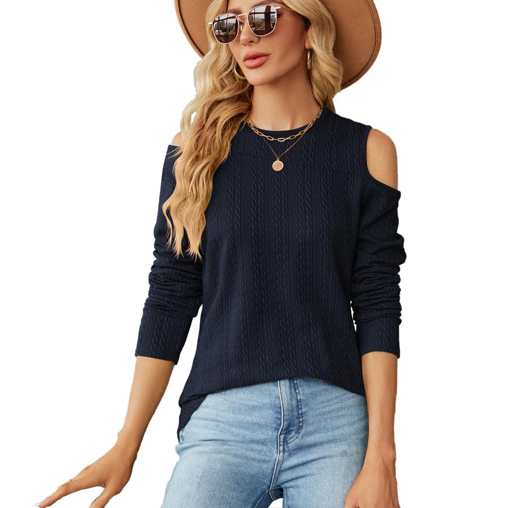 Women's Off Shoulder Loose Long Sleeve T-shirt, Casual Crewneck Top, Fall Winter Fashion for Europe America Cross Border