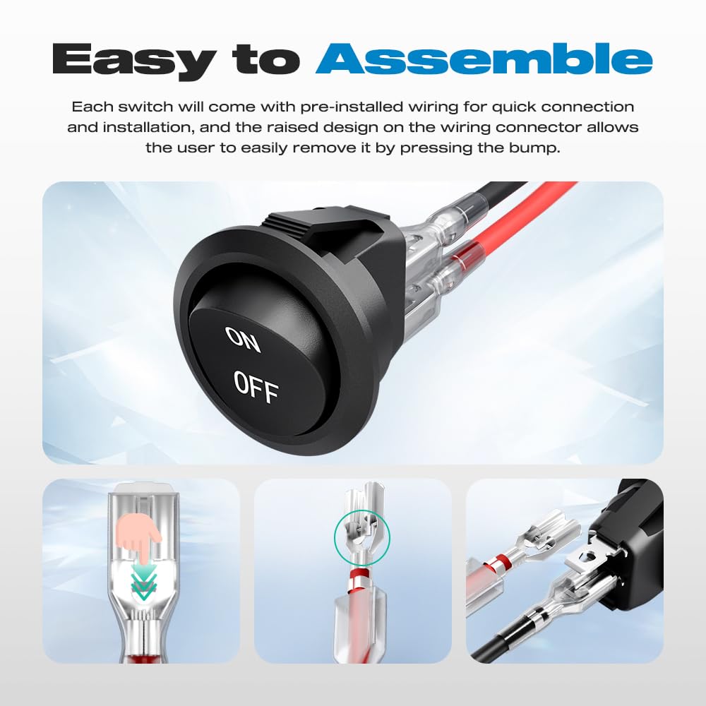 5pcs 12 Volt DC On Off Vehicle Round Rocker Switch AC 6A/250V 10A/125V SPST 2 Pin Small Auto Toggle Electric Switch with Wires