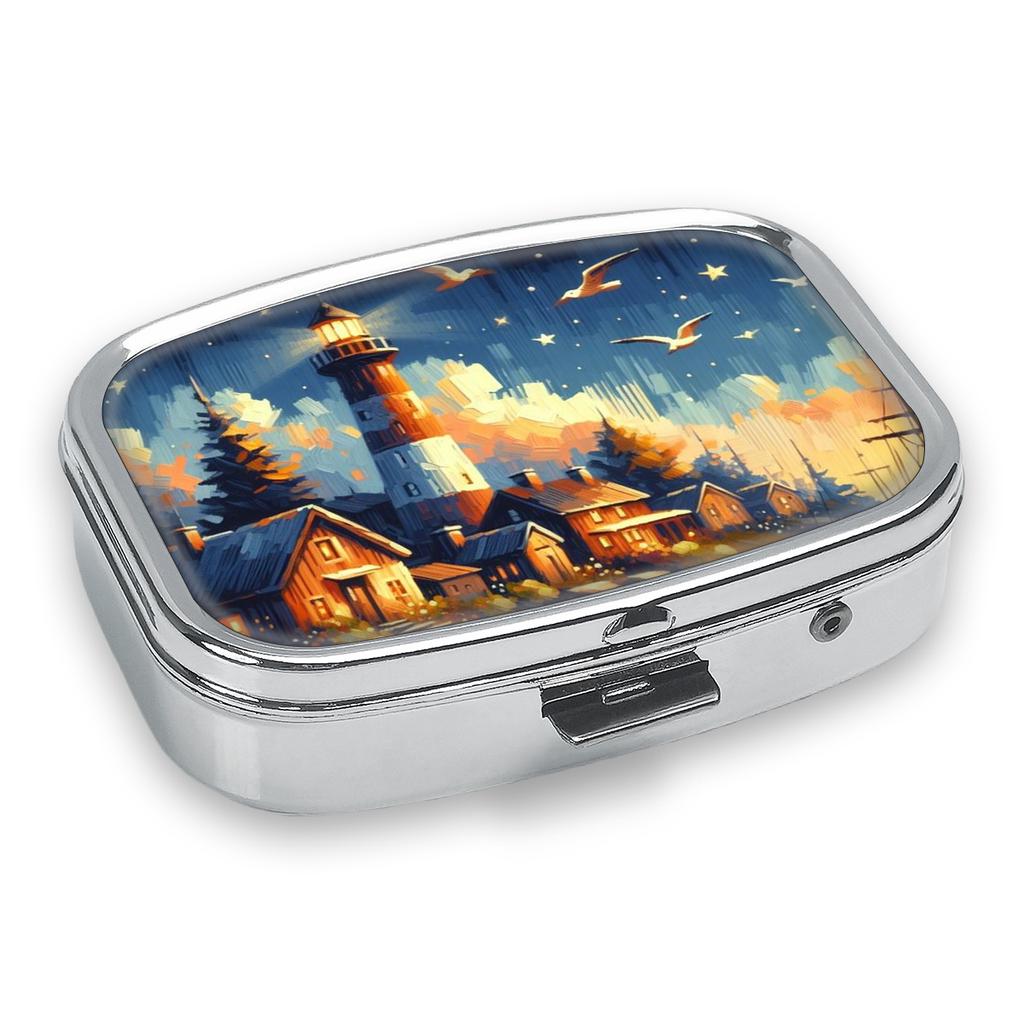 Portapillole Portatile con 2 Scomparti, Mini Custodia Organizer in Metallo per Medicine, Carino Contenitore Stampato per Pillole, Vitamine, Gioielli, Viaggio, Uso Quotidiano