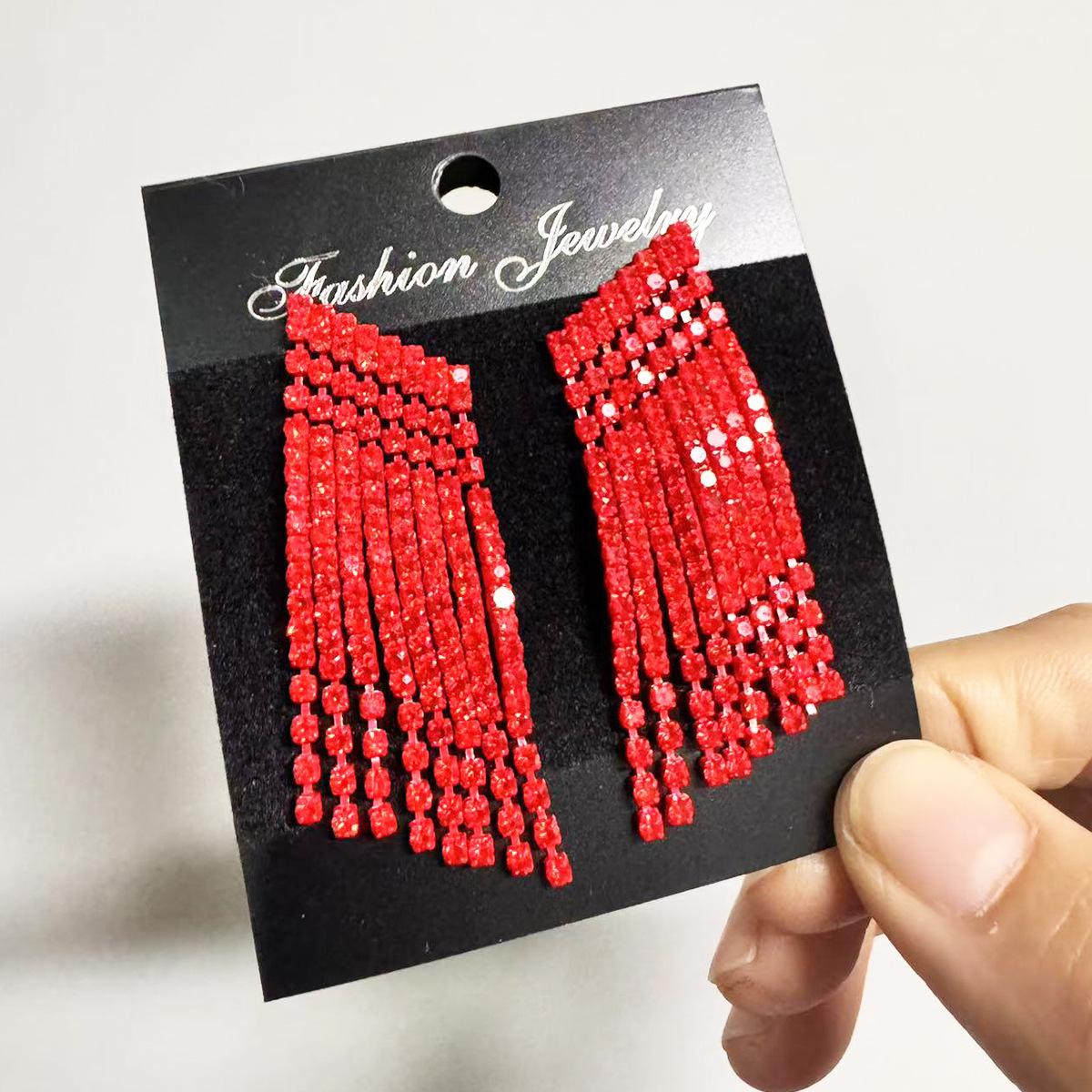

High-end luxury fringed small earrings temperament versatile rhinestone studs червоний