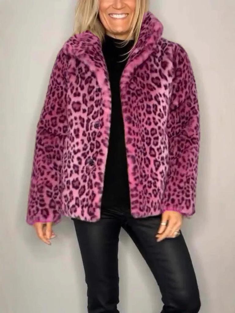 2024 Winter Women's Fashion Leopard Print Faux Fur Coat with Lapel 