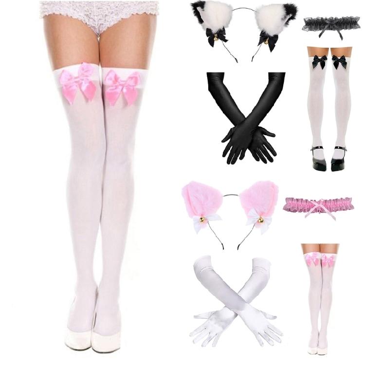 Catgirl Dress Up Cosplay Set With Cats Ear Headband Lace Collar Necklace Gloves and Sock for Women Girls Cosplay Party