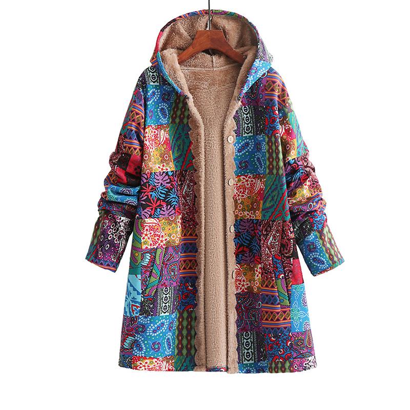 Vintage Warm Print Pocket Thick Zipper Hooded Autumn Winter Coat Women