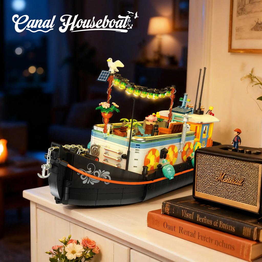 1306 Pcs Lighted Canal Boat House Diy Retro Building Blocks Toys Home Decor Ornament Kids Educational Assembly Toy Birthday Gift