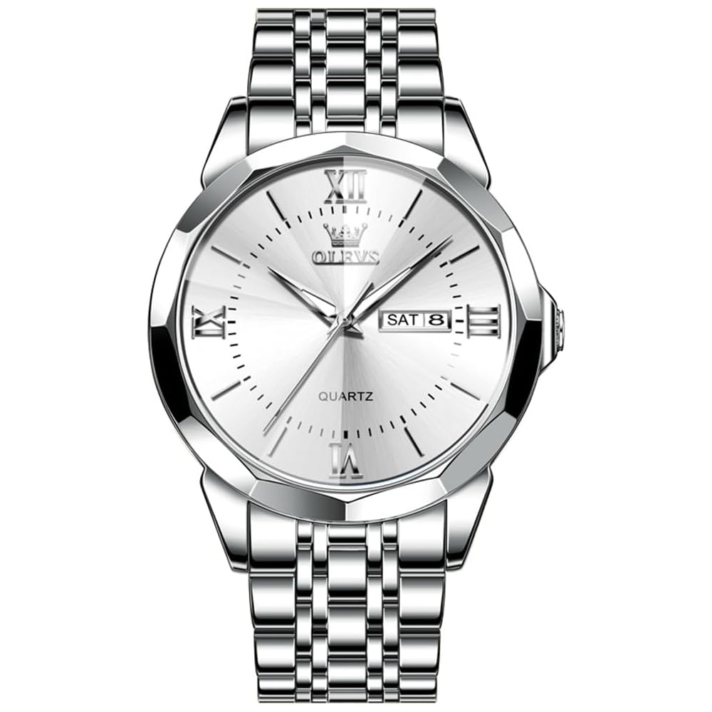 OLEVS Men s Chronograph Watch 40mm Stainless Steel Band Date Display Waterproof Gold Blue White