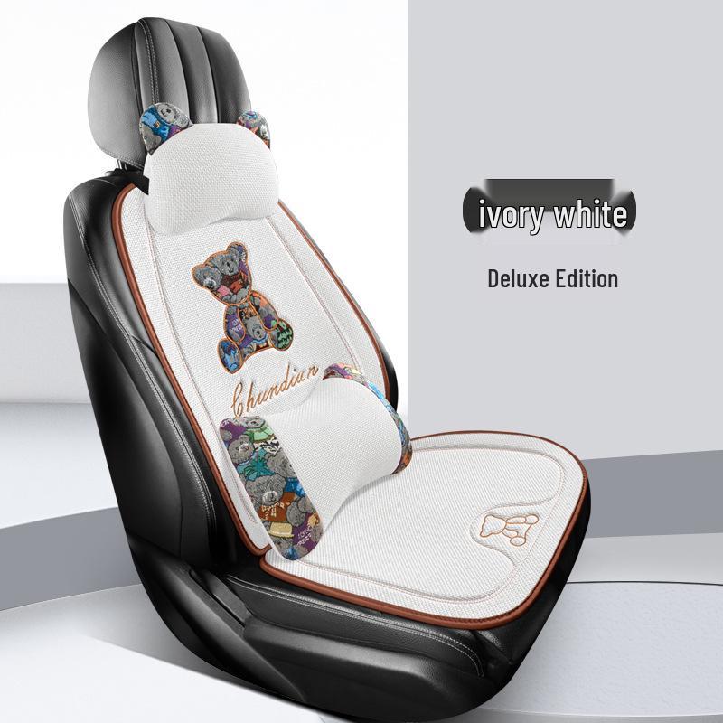 Four Seasons Universal Linen Car Seat Cushion - Cartoon Bear, Breathable, Half-Wrap Rear Seat Cover