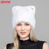 JERYAFUR Women Faux Fur Cat Ear Winter Hat, Cute Rhinestone Decor Fluffy Warm Fashion Ladies Cap for Cold Weather