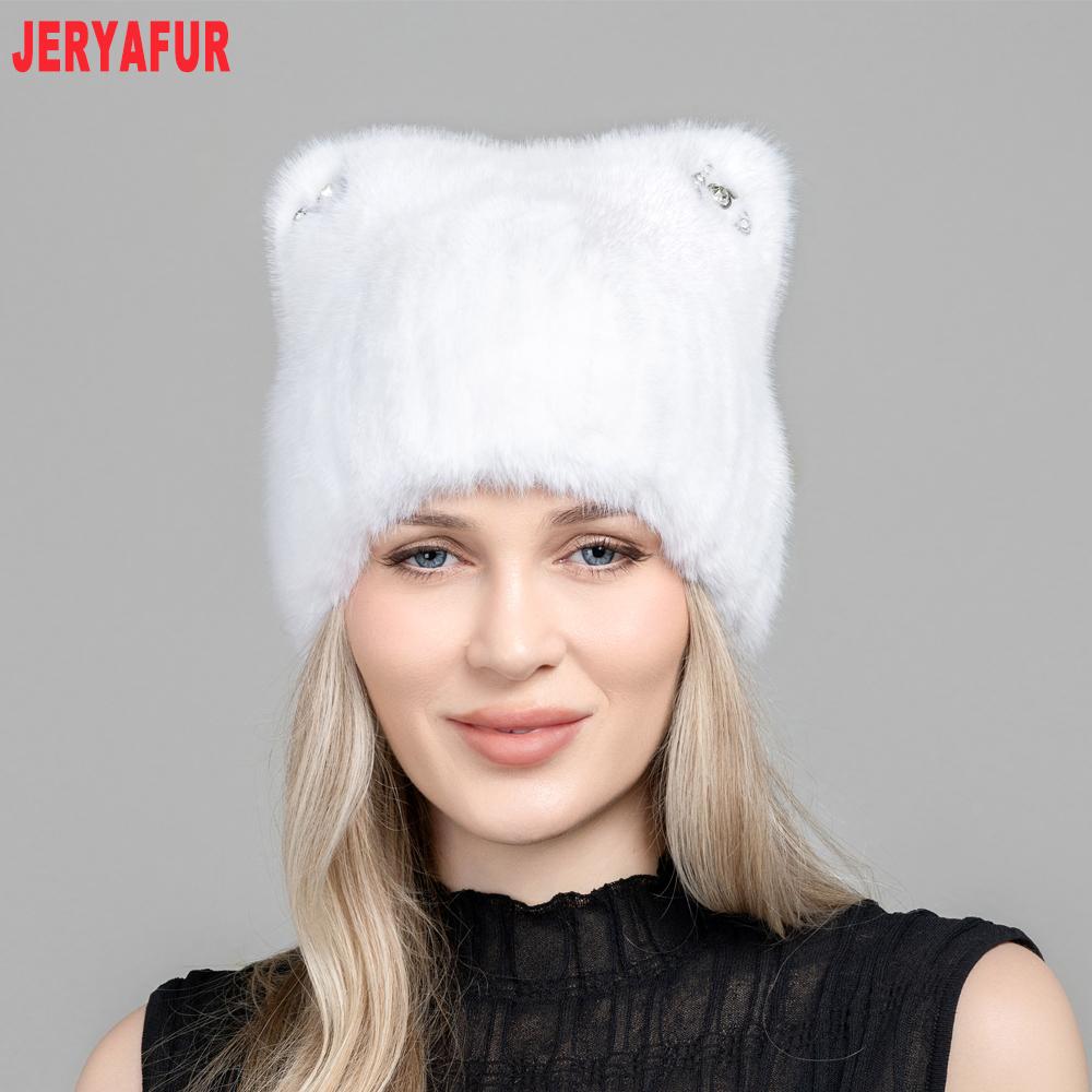 JERYAFUR Women Faux Fur Cat Ear Winter Hat, Cute Rhinestone Decor Fluffy Warm Fashion Ladies Cap for Cold Weather