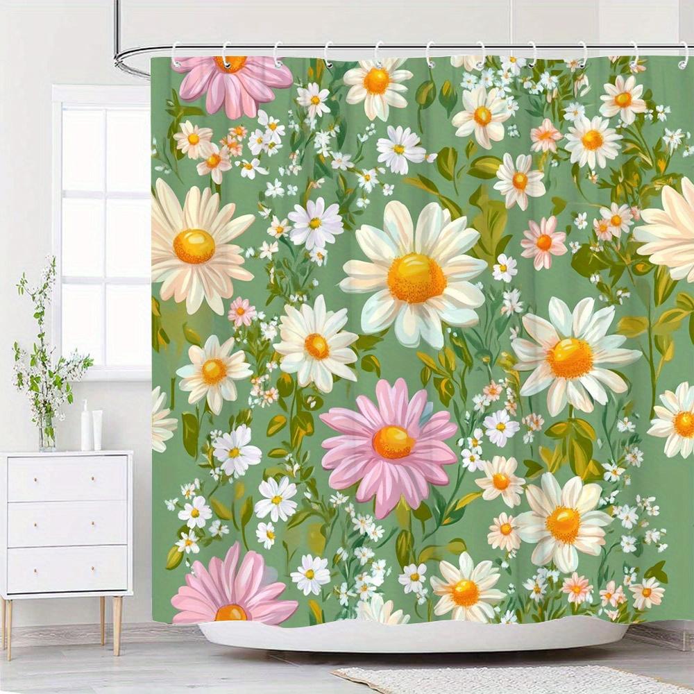 

1Pc Floral Shower Curtain - Muted Green, Vibrant Daisy Pattern, Polyester, 70X70In, Washable, 12 Hooks, All-Season W60H190(CM)-1 Pcs